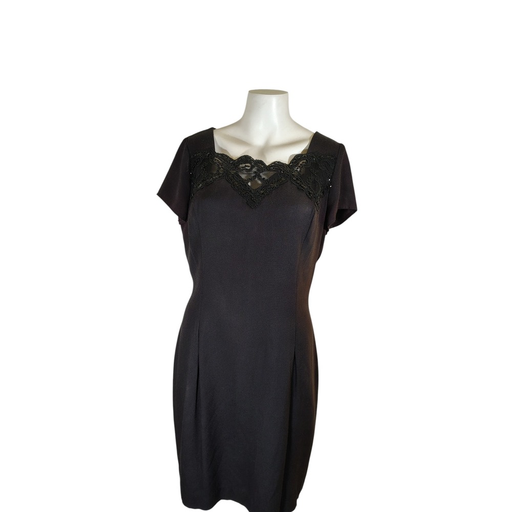 Jessica McClintock Gunne Sax Black Lace Beaded Square Neck Short‎ Sleeve Dress